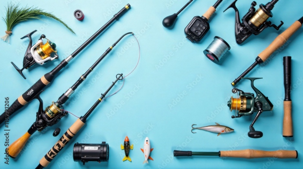 A Collection of Angling Equipment Arranged on a Light Blue Background for a Summer Fishing Trip A Collection of Angling Equipment Arranged on a Light Blue Background for a Summer Fishing Trip