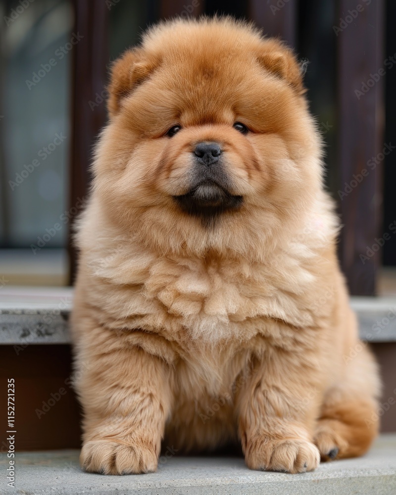 Fluffy chow chow puppy sits and poses outdoors. Fluffy chow chow puppy sits and poses outdoors.