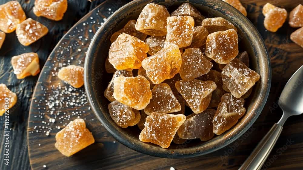 Homemade ginger candy sweet, chewy dessert snack in bowl, sprinkled with sugar on wooden surface, perfect for indulgence and digestive aid.