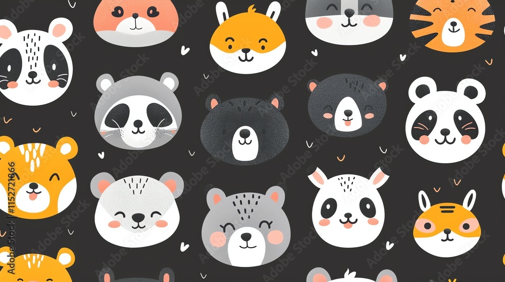 A seamless pattern of cute animal faces in black, white, orange, and gray on a black background. A seamless pattern of cute animal faces in black, white, orange, and gray on a black background.
