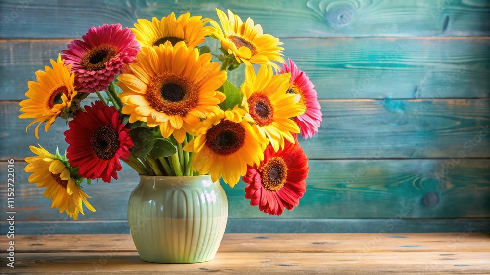 Colorful mix of fresh sunflowers and gerbera daisies arranged in a elegant vase , Floral Arrangement, Vibrant Flowers Colorful mix of fresh sunflowers and gerbera daisies arranged in a elegant vase , Floral Arrangement, Vibrant Flowers