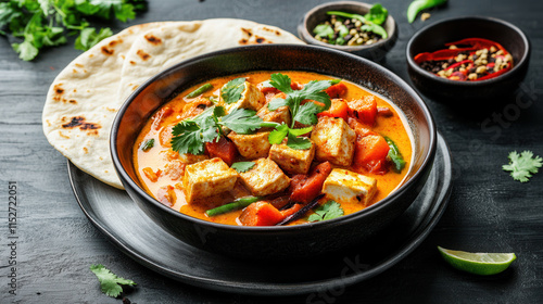 Wallpaper Mural bowl of vegan Thai yellow curry with sweet potatoes, tofu, and fresh herbs, served with flatbread and spices Torontodigital.ca