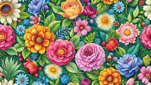 Colorful floral seamless pattern with layered flowers and greenery in a natural setting, garden, leaf,  garden, leaf, plant