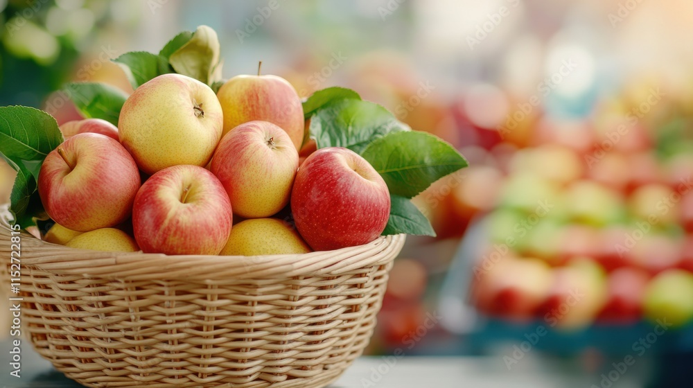 Fresh Red and Green Apples in a Rustic Wicker Basket Surrounded by Blurry Market Background Fresh Red and Green Apples in a Rustic Wicker Basket Surrounded by Blurry Market Background