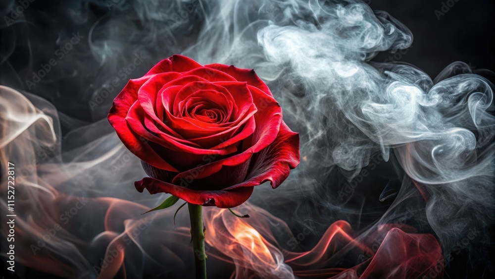 Elegant rose blooms in a halo of fiery red smoke swirling around it, set against a dramatic black background, evoking mystery and romance , mysterious bloom, romantic smoke Elegant rose blooms in a halo of fiery red smoke swirling around it, set against a dramatic black background, evoking mystery and romance , mysterious bloom, romantic smoke