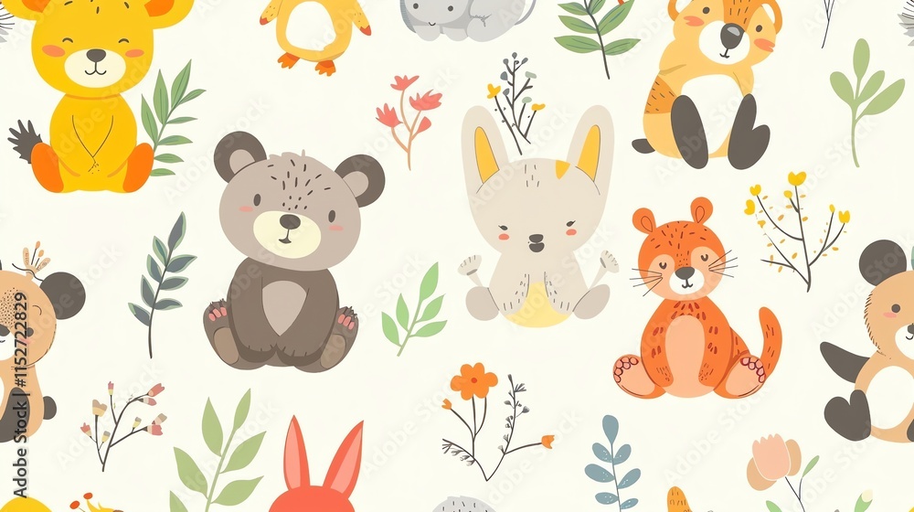 Fototapeta premium Seamless pattern of cute woodland animals and flowers.