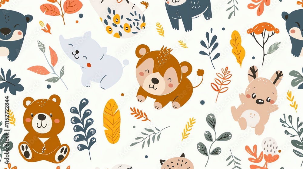 Obraz premium A seamless pattern of cute animals and plants.