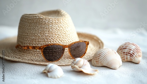 Beachthemed travel accessories on a clean white backdrop, copy space included, sunglasses, hat, and shells, vibrant summer aesthetic, sharp clarity photo