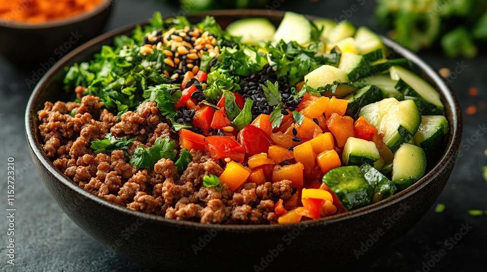 Delicious and healthy ground beef bowl with colorful vegetables, herbs, and sesame seeds. Delicious and healthy ground beef bowl with colorful vegetables, herbs, and sesame seeds.