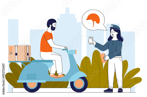Motorcyclist without helmet. Traffic police officer punishes driver. Violation of traffic rules. Fine, penalty and punishment. Patrol at highway. Linear vector illustration
