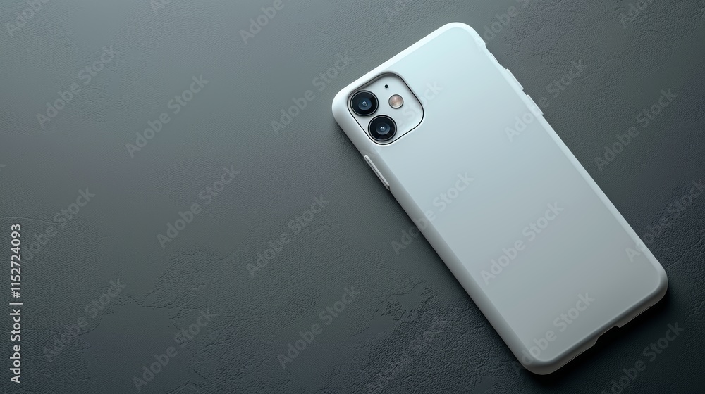A white smartphone in a case rests on a dark gray surface. A white smartphone in a case rests on a dark gray surface.
