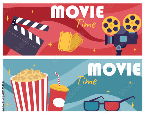 Movie time posters set. Cinema, movie and series. Filmmaking and film industry. Pop corn, soda and 3d glasses. Camera and clapperboard. Flat vector collection