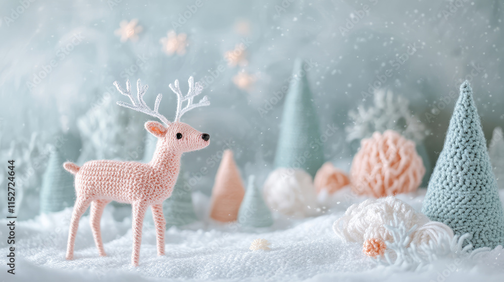 A small, pink deer stands in the snow next to a row of trees A small, pink deer stands in the snow next to a row of trees