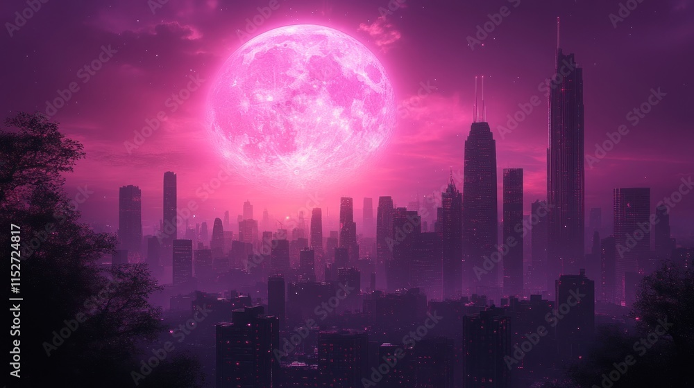 Fototapeta premium A vibrant city skyline under a large, glowing pink moon at twilight.