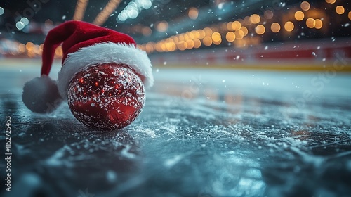 Hockey Puck Adorned with a Red Santa Hat on an Ice Rink with Blurred Stadium Lights
