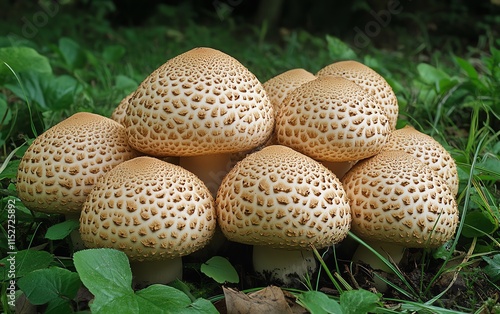 A cluster of macrolepiota procera parasol mushrooms in a field of grass, their large, umbrellalike caps adding a natural charm to the scene photo