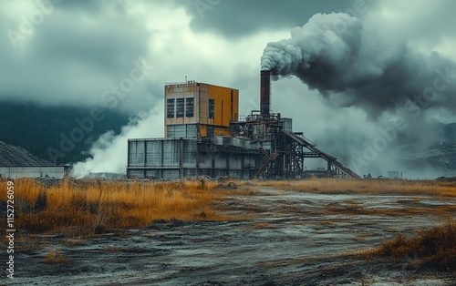 Abstract depiction of a heavy industrial building polluting nature, with smoke, rust, and environmental decay blending into a desolate landscape photo