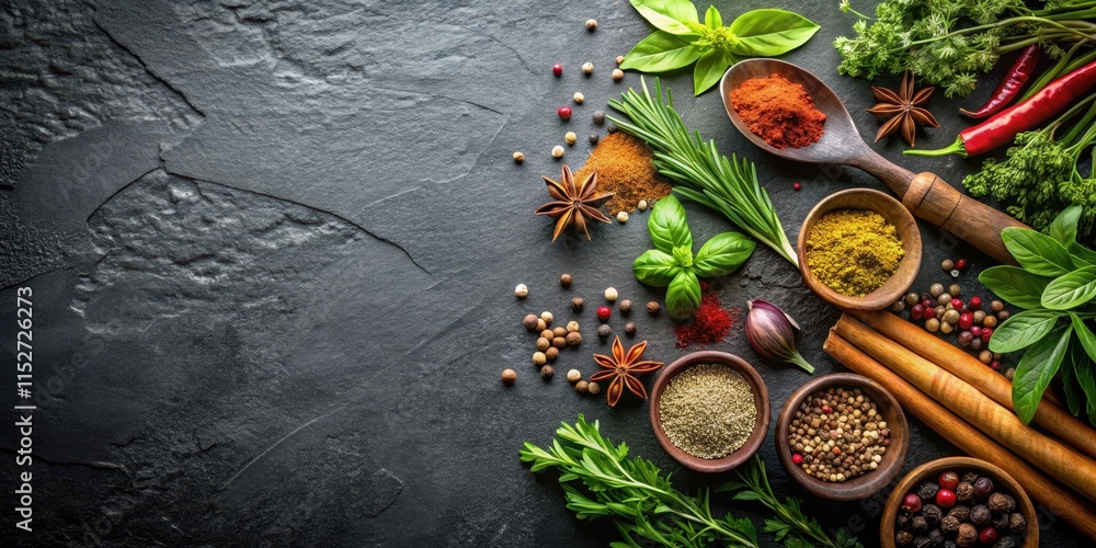 Aromatic herbs on a dark stone background with warm lighting , spices, aromatics, spices, aromatics, organic, foliage Aromatic herbs on a dark stone background with warm lighting , spices, aromatics, spices, aromatics, organic, foliage