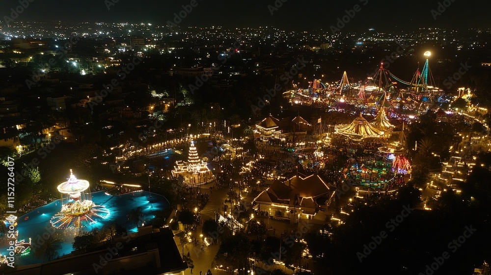 Night aerial view of illuminated amusement park rides and city lights. Night aerial view of illuminated amusement park rides and city lights.