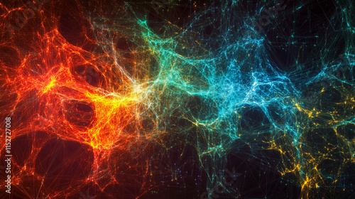 vibrant abstract multicolored light trails and glowing particles on a dark background, creating a dynamic, energetic, and futuristic effect