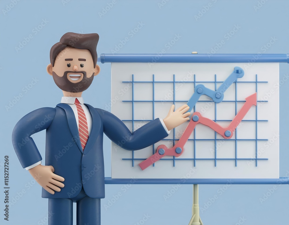 3D businessman proudly presents a graph showing significant upward growth trends 3D businessman proudly presents a graph showing significant upward growth trends