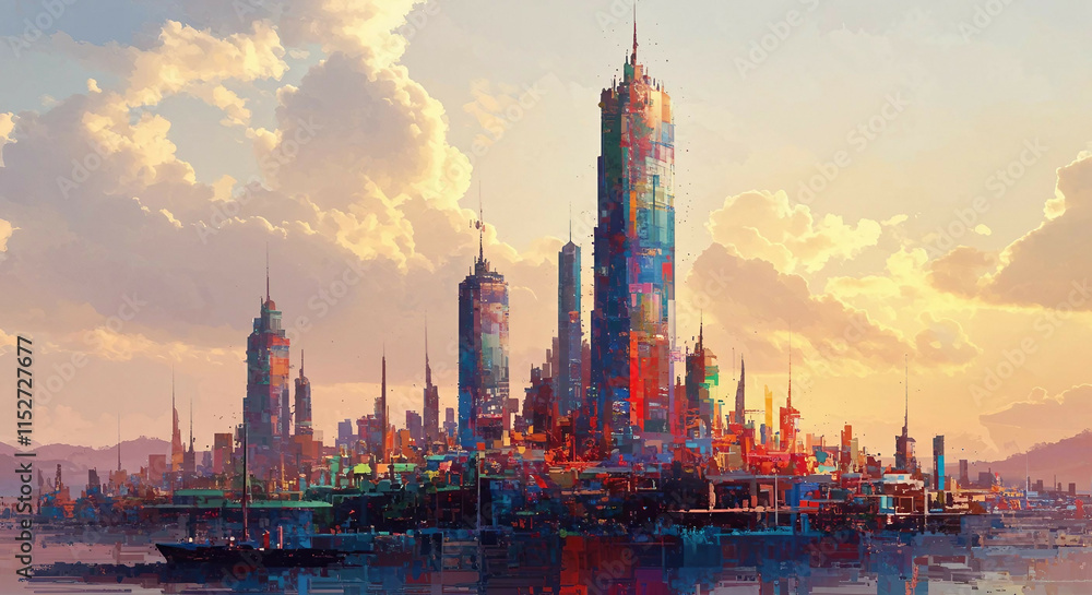 Abstract building background. Sunset over fantastic city. Abstract background with colorful buildings for book covers, posters or cards. Abstract building background. Sunset over fantastic city. Abstract background with colorful buildings for book covers, posters or cards.