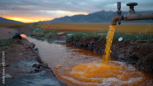 Rusty faucet pouring polluted water into irrigation ditch at sunset. photo