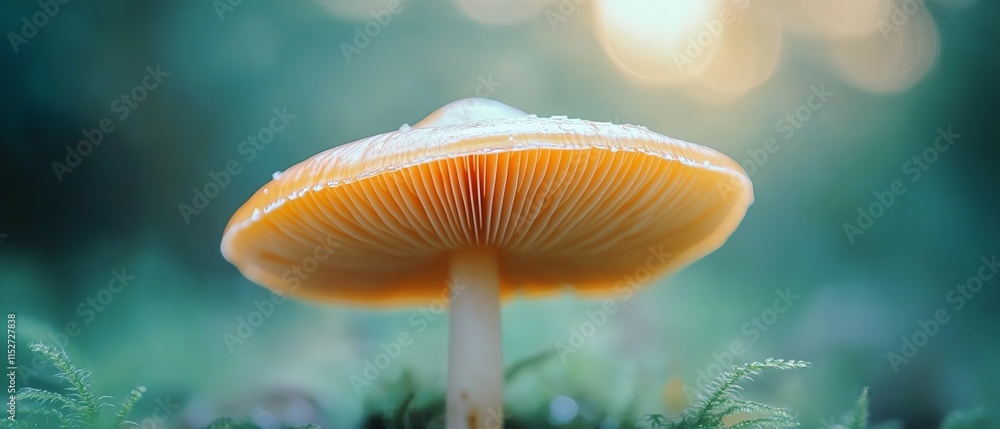 Common bonnet mushroom with a blurred bokeh effect behind it, creating a beautiful contrast of focus and depth in a natural woodland environment Common bonnet mushroom with a blurred bokeh effect behind it, creating a beautiful contrast of focus and depth in a natural woodland environment