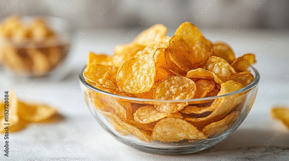 Crispy golden potato chips in a glass bowl. Crispy golden potato chips in a glass bowl.