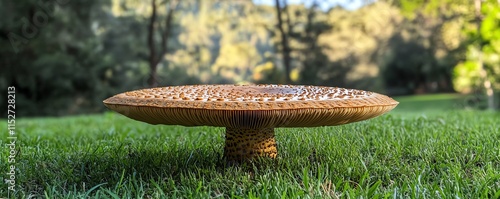 Detailed closeup of a macrolepiota procera parasol mushroom on a grassy field, its wide cap and fine textures standing out in the natural setting