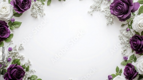 A white circular composition decorated with rich purple roses and green foliage in the top-right and bottom-left corners. The clusters include finely detailed petals, textured leaves.