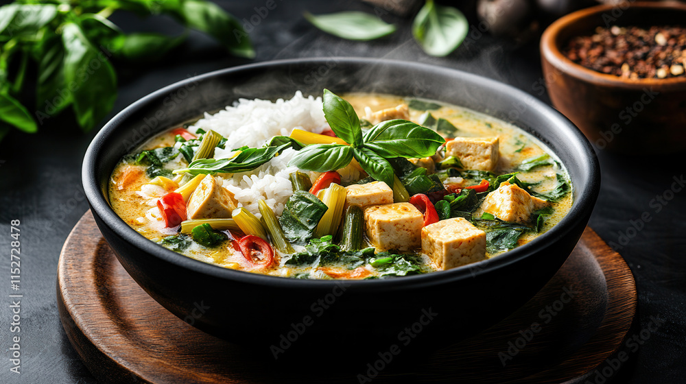steaming bowl of spicy vegan green curry with tofu, vegetables, and rice, garnished with fresh basil steaming bowl of spicy vegan green curry with tofu, vegetables, and rice, garnished with fresh basil