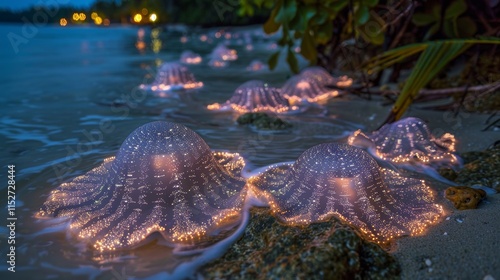 Bio luminescent jellyfish glowing on a beach at night. photo