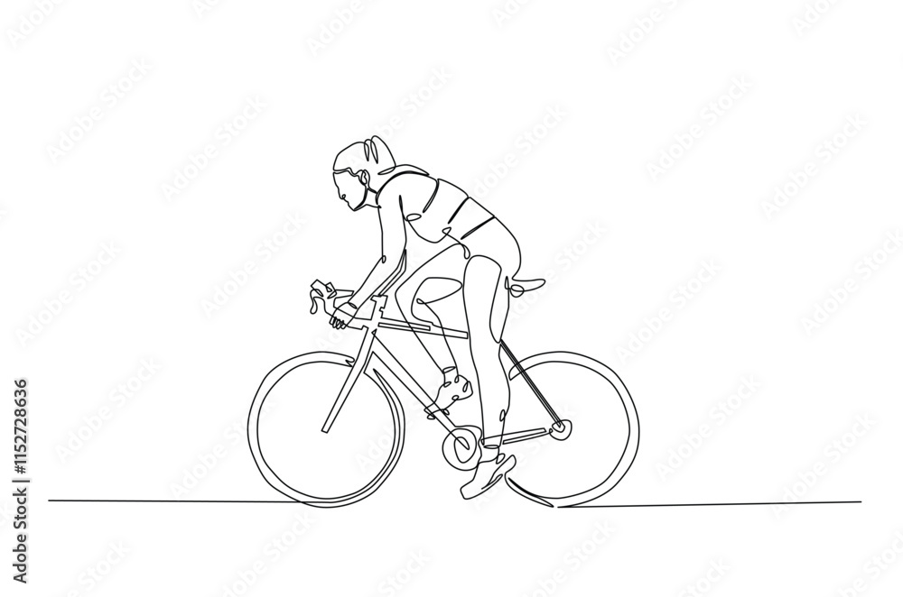 Naklejka premium Woman riding bicycle continuous one line drawing. Riding bike single line art illustration. Editable vector.