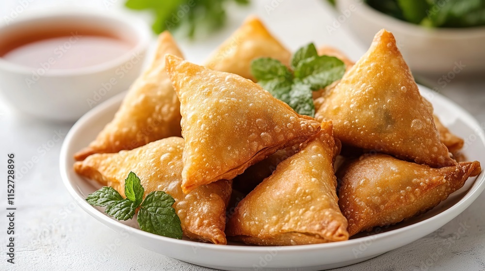 Delicious golden-brown samosas on a plate, garnished with fresh mint, served with a side of dipping sauce. Delicious golden-brown samosas on a plate, garnished with fresh mint, served with a side of dipping sauce.