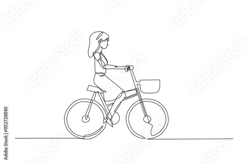 Woman riding bicycle continuous one line drawing. Riding bike single line art illustration. Editable vector.