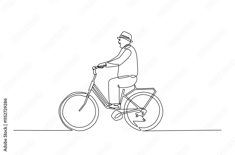 Old man riding bicycle continuous one line drawing. Riding bike single line art illustration. Editable vector. Old man riding bicycle continuous one line drawing. Riding bike single line art illustration. Editable vector.