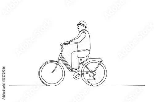 Old man riding bicycle continuous one line drawing. Riding bike single line art illustration. Editable vector.
