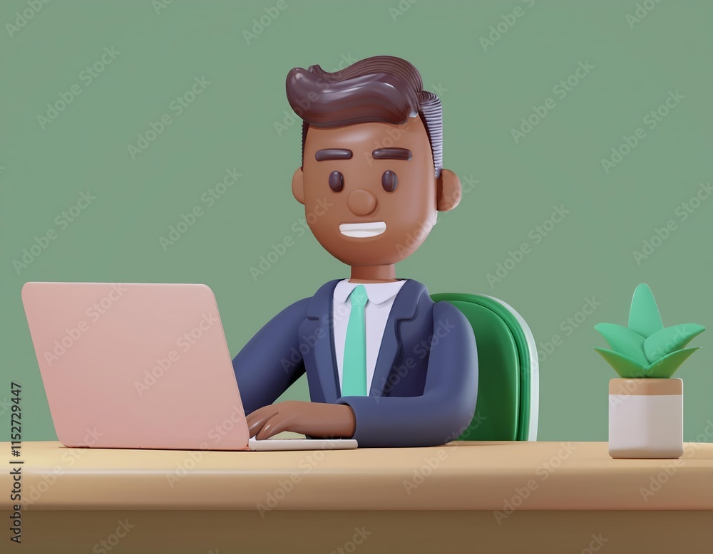 3D smiling businessman works on his laptop at his desk 3D smiling businessman works on his laptop at his desk