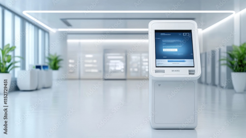 Modern Self-Service Kiosk in a Bright and Minimalist Interior Space with Plants and Natural Light Modern Self-Service Kiosk in a Bright and Minimalist Interior Space with Plants and Natural Light