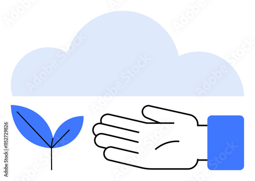 Cloud, hand, and seedling elements symbolize protection, growth, and natures nurturing. Ideal for environmental awareness, sustainability, growth, protection caring for nature agriculture