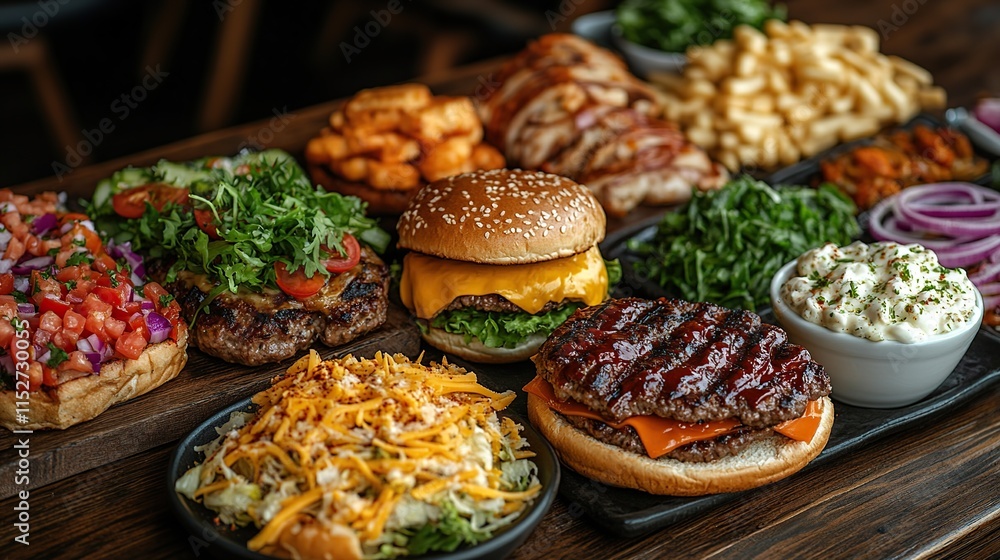 Diverse selection of gourmet burgers, fries, sides, and salads on wooden table. Diverse selection of gourmet burgers, fries, sides, and salads on wooden table.
