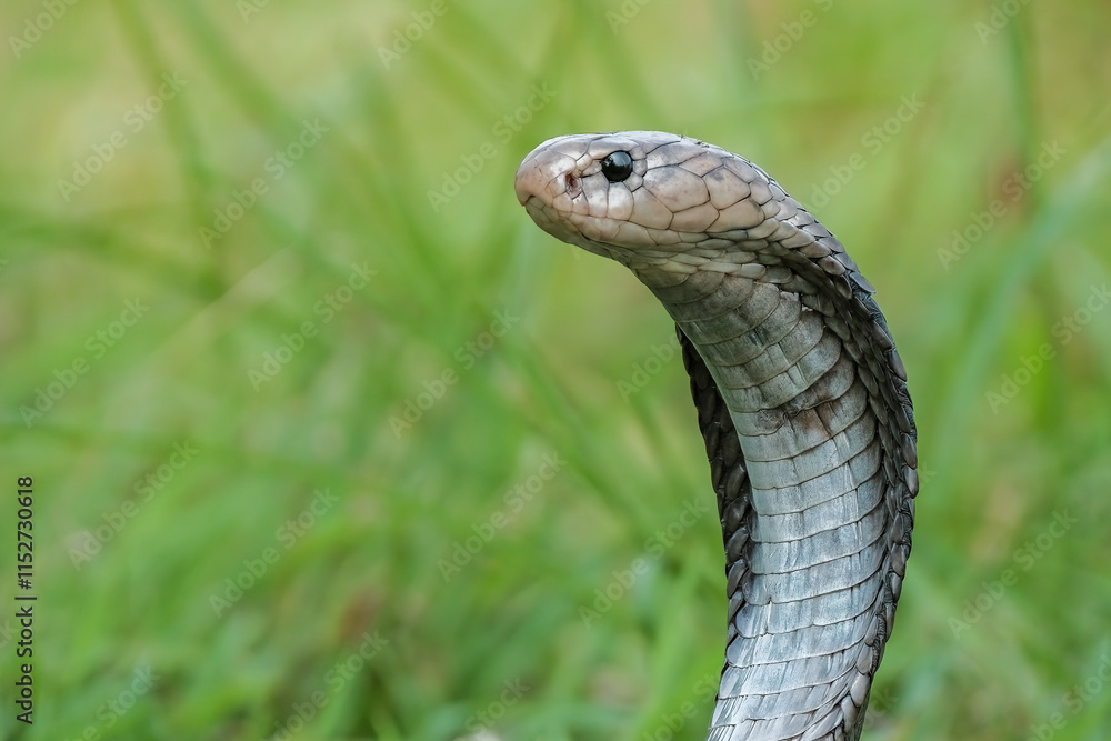 Fototapeta premium Naja sputatrix defensive positionon on the green grass