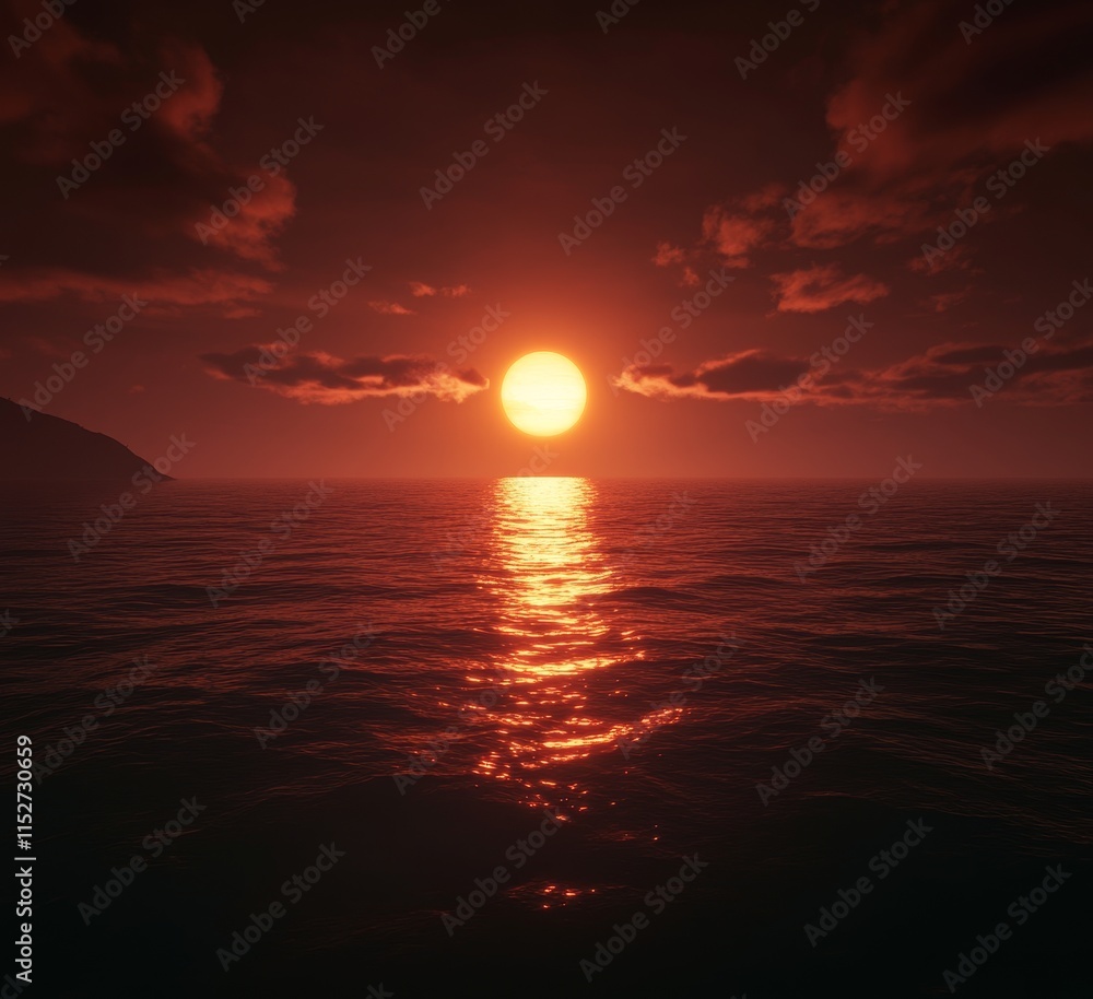 Red sunset over calm ocean with dark clouds. Red sunset over calm ocean with dark clouds.