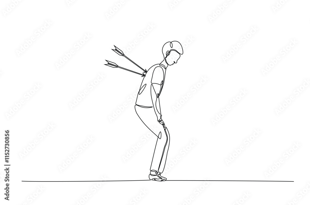 Dejected man with arrow in his back continuous one line drawing. Arrow in person back single line art illustration. Editable vector. Sacrifice, sadness, and lonely concept. Dejected man with arrow in his back continuous one line drawing. Arrow in person back single line art illustration. Editable vector. Sacrifice, sadness, and lonely concept.