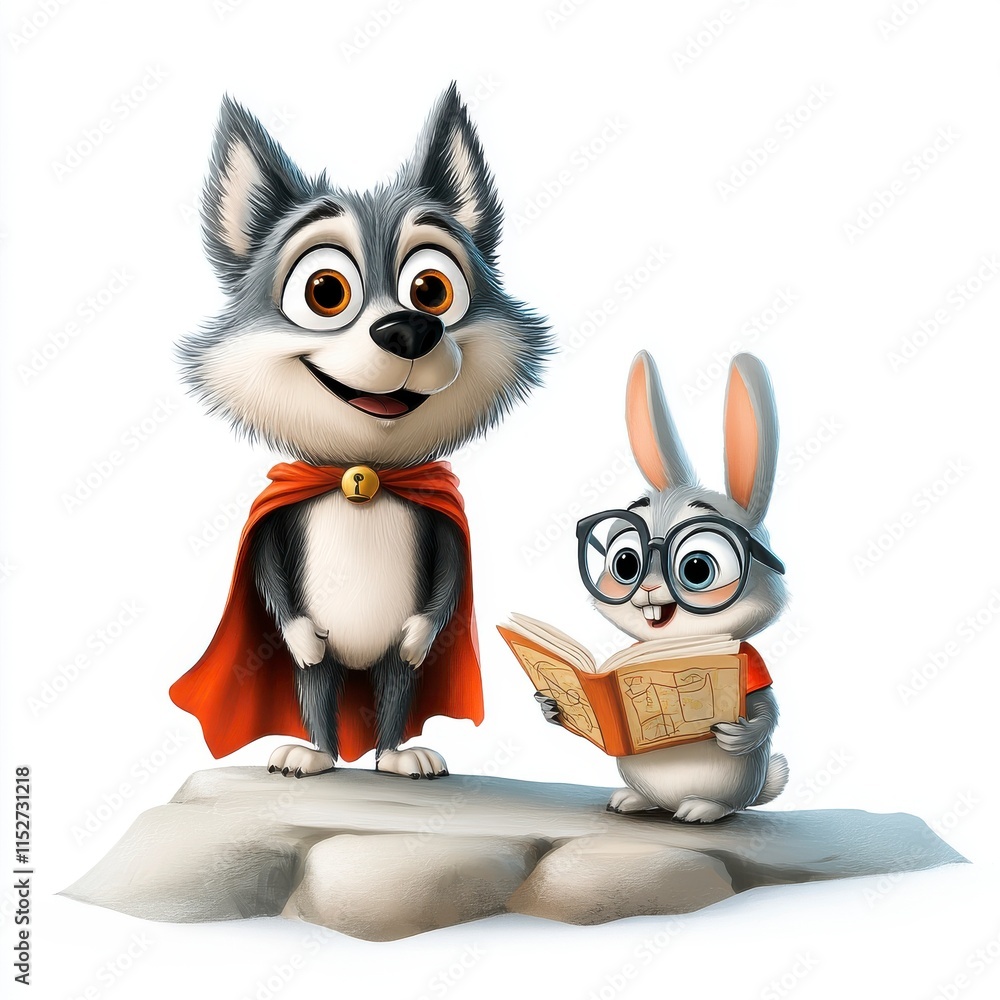 Obraz premium adorable cartoon husky in a cape and a bunny rabbit reading a book together. perfect for children's books, education, and more! high-quality digital illustration.