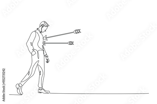 Dejected man with arrow in his chest continuous one line drawing. Arrow in person chest single line art illustration. Editable vector. Sacrifice, sadness, and lonely concept.