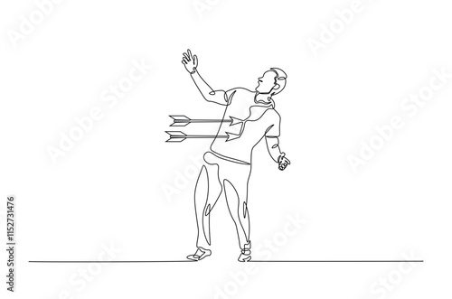 Dejected man with arrow in his chest continuous one line drawing. Arrow in person chest single line art illustration. Editable vector. Sacrifice, sadness, and lonely concept.