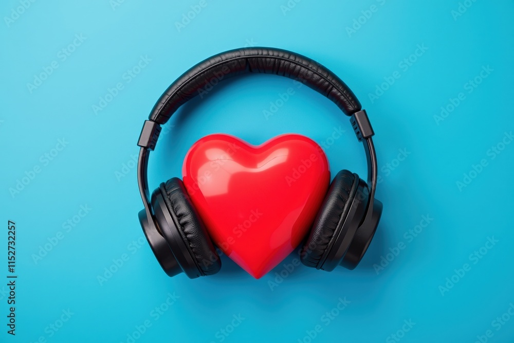 Experience the Harmony of Love and Music with These Stylish Headphones and a Red Heart on a Blue Background Experience the Harmony of Love and Music with These Stylish Headphones and a Red Heart on a Blue Background