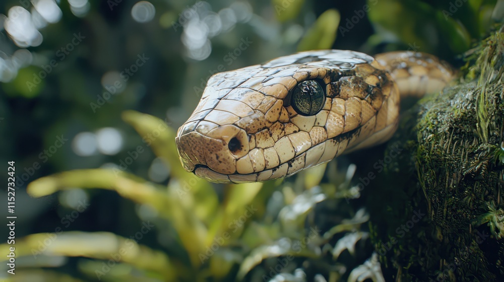 Close-up of a Pale Yellow Snake's Head in Lush Rainforest Close-up of a Pale Yellow Snake's Head in Lush Rainforest